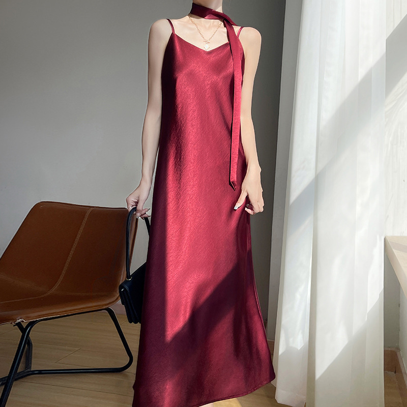 V neck Camisole Dress Women Sexy Sleeveless Solid Color Inner Wear Angola Red - Shop at LoveMi