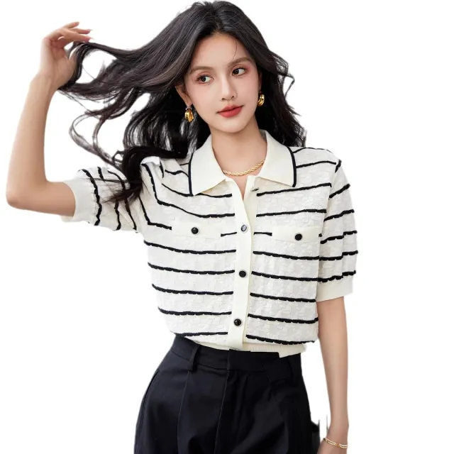 Elegant Polo Collar Striped Women's Contrast Colors Slimming Knitted Short Sleeve Black And White Stripes - Shop at LoveMi