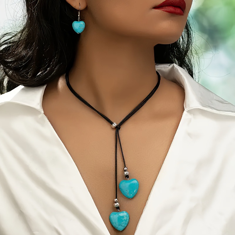 Korean-style Leather Choker Long Necklace And Earrings Set For Women