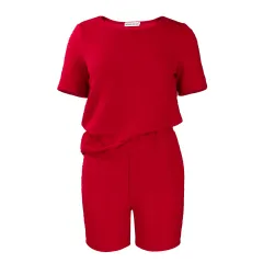 New Loose Solid Colour Short Sleeve Top Shorts Fashion Casual Set - Red - View 1