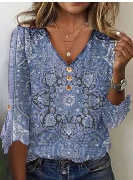 Women's Fall V neck Bell Sleeve Printed T shirt Top Blue - Shop at LoveMi