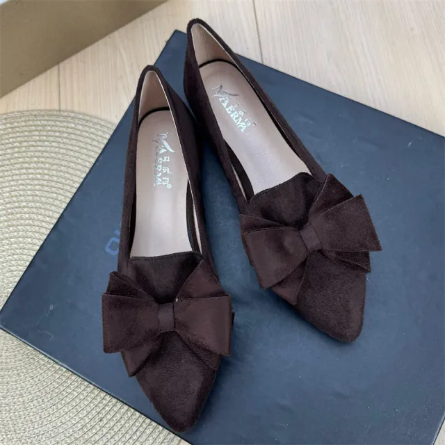 Women's Versatile Solid Color Bow Pointed Flat Shoes Brown - Shop at LoveMi