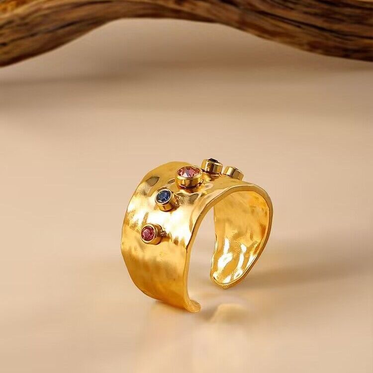Female Color Crystal Zircon Titanium Steel 18K Gold Plated Ring