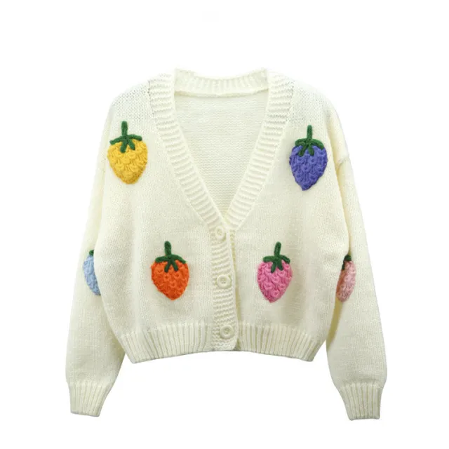 Heavy Industry Manual Embroidered Cardigan Coat Sweater High Sense Strawberry White - Shop at LoveMi