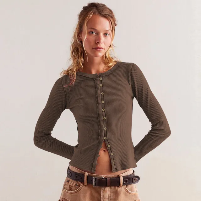 Round Neck Button Rib Solid Color Autumn And Winter Warm Cardigan Jacket For Women Coffee - Shop at LoveMi