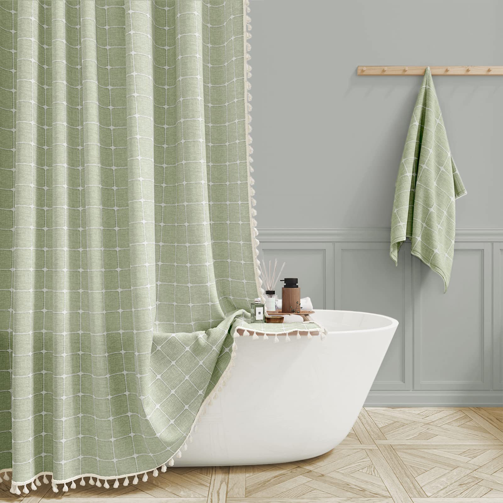 Tencel-linen Checkered Tassel Bathroom Checkered Partition Curtain Waterproof Shower Curtain
