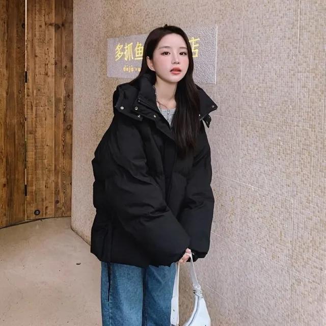 Loose Thick Drawstring Warm Coat Tide Black - Shop at LoveMi