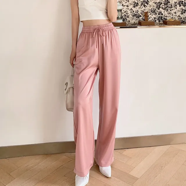 Acetate Wide leg Pants Ice Silk Small High grade Printing Pink - Shop at LoveMi