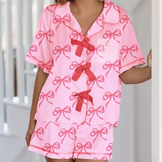 Heart Printing Short sleeved Shorts Casual Suit Women's Homewear Big Bow - Shop at LoveMi