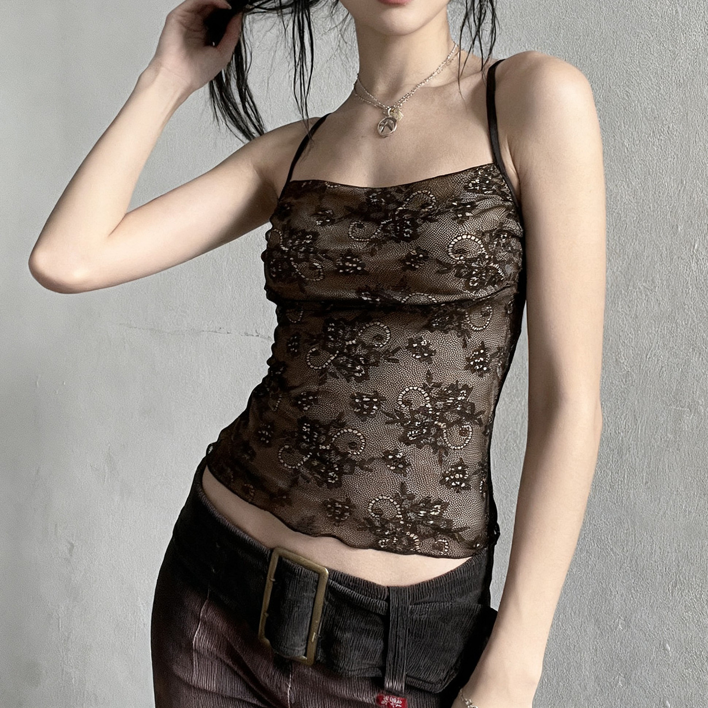 Printed Rhinestone Lace Camisole Top