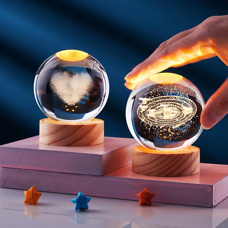 Crystal Ball 3D Inner Carved Solar System Glowing Night