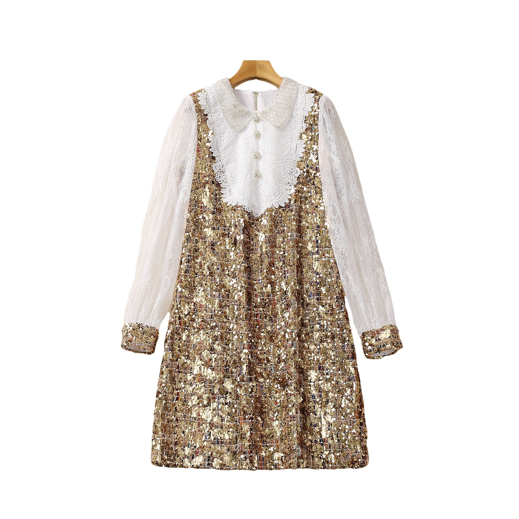Double-layer Collar Pearl Buckle Sequin Stitching Long Sleeve Dress - Image 1