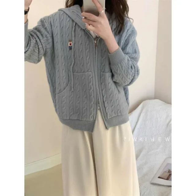Hooded Double Zipper Cable knit Sweater Coat For Women Gray - Shop at LoveMi