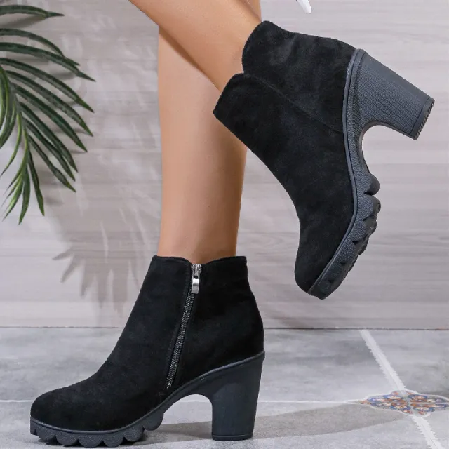 Chunky Heel Round Toe Side Zipper Ankle Boots Black - Shop at LoveMi