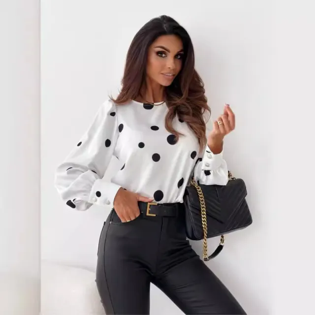 Autumn Top Round Neck Polka Dot Long Sleeve Shirt Printed White - Shop at LoveMi