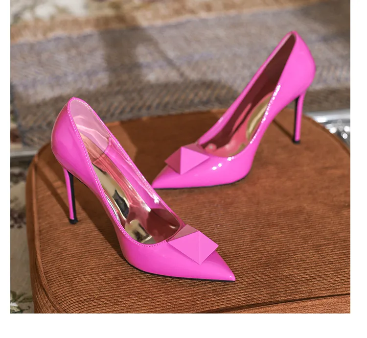 New Pointed Toe Stiletto Heel Rivet High Heels For Women - Pink