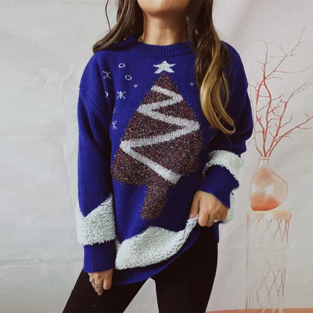 Women's Fashionable Round Neck Long Sleeve Loose Sweater Blue - Shop at LoveMi