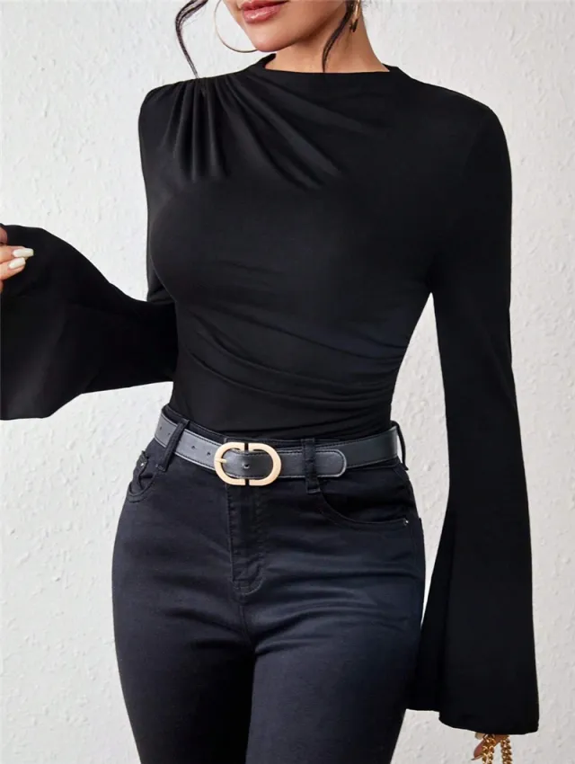 Women's Bell Sleeve Stand up Collar Slim Fit T shirt Black - Shop at LoveMi