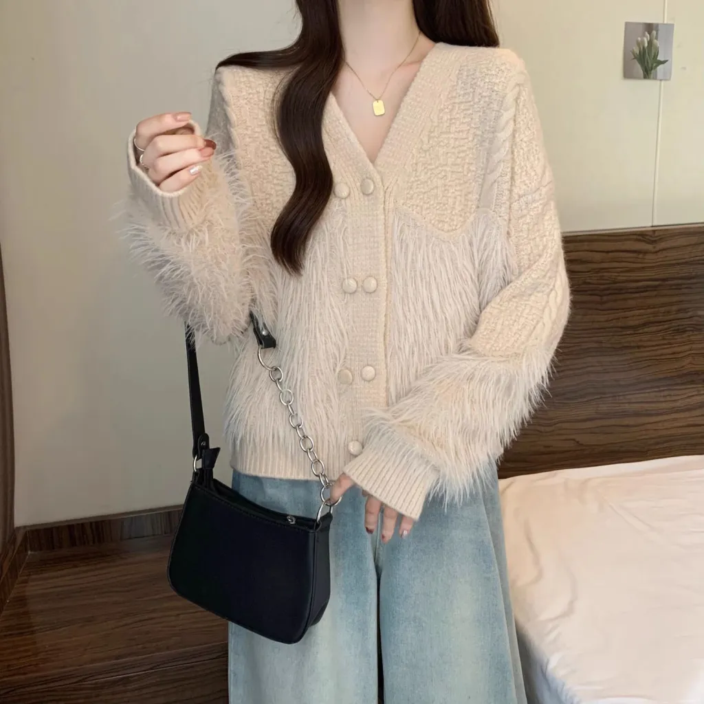 Knitted Cardigan Fringe Collar Temperament Sweater Coat - Double Buttons Style
