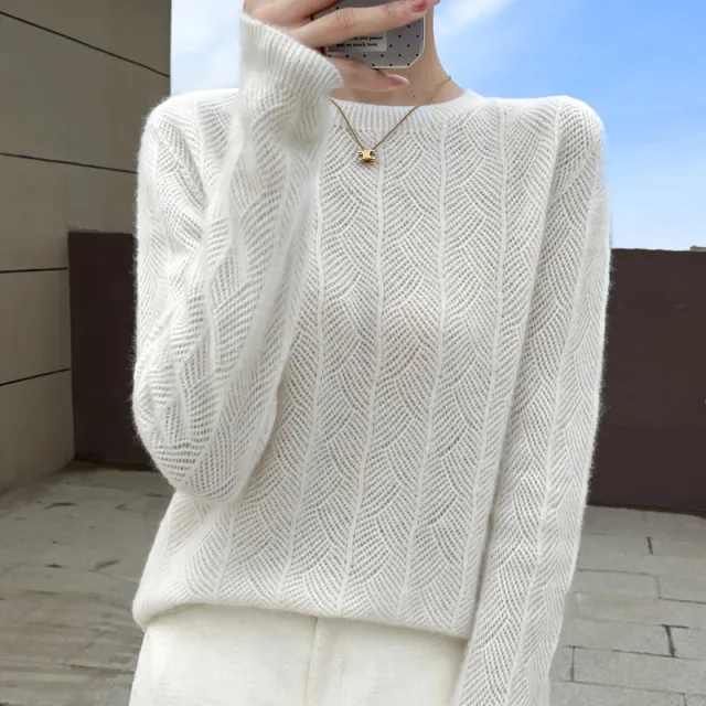 Pure Wool Round Neck Sweater Women's Hollow Top White - Shop at LoveMi
