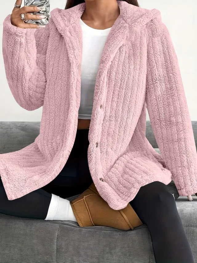 Hooded Loose Plush Coat Women's Regular Sleeve Pink - Shop at LoveMi