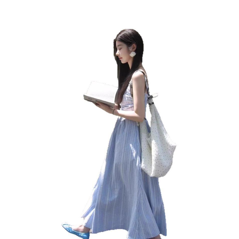 Blue Plaid Lace Tube Top Dress Women's Summer French Romantic Aura