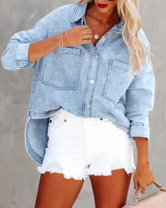 European And American Long Sleeve Denim Coat Loose Shirt - Light Blue - View 1
