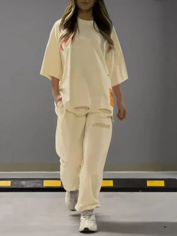 Cross border Independent Station Spring And Summer European And American Women's Clothing Loose Hollow Round Neck Suit Beige - Shop at LoveMi
