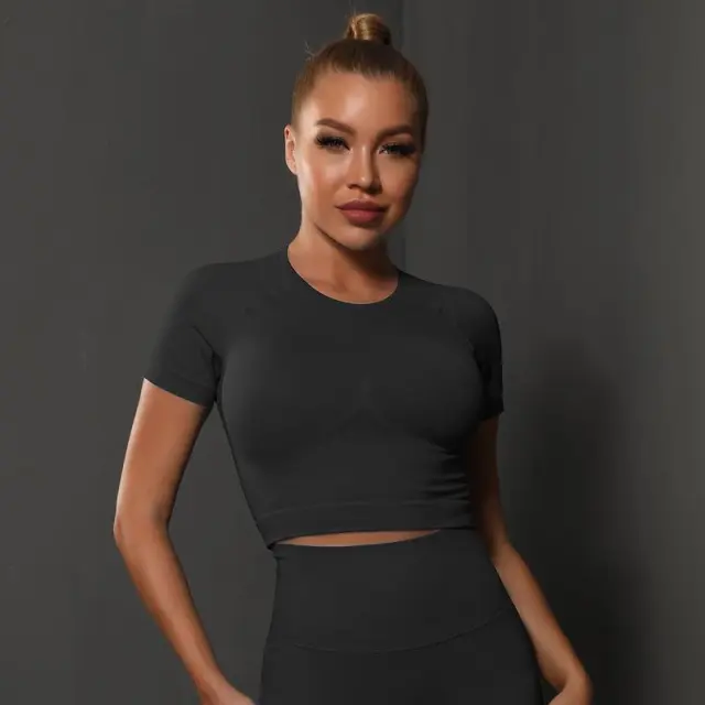 European And American Seamless Knitted Solid Color Chest Top Sports 6600 Short Sleeve Pure Black - Shop at LoveMi