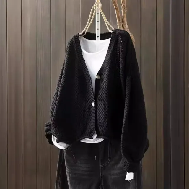 Cross border Early Autumn New Casual Versatile Solid Color V neck Long sleeved Single breasted Knitted Cardigan Sweater Black - Shop at LoveMi