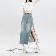 Slit Burrs Denim Skirt For Women - Blue - View 1