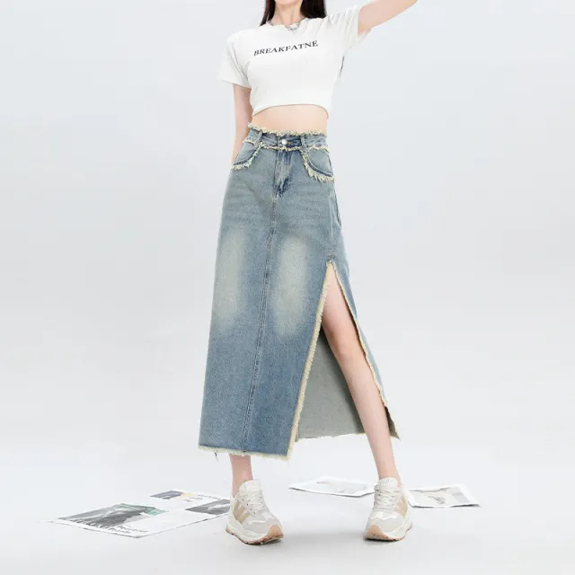 Slit Burrs Denim Skirt For Women Blue - Shop at LoveMi