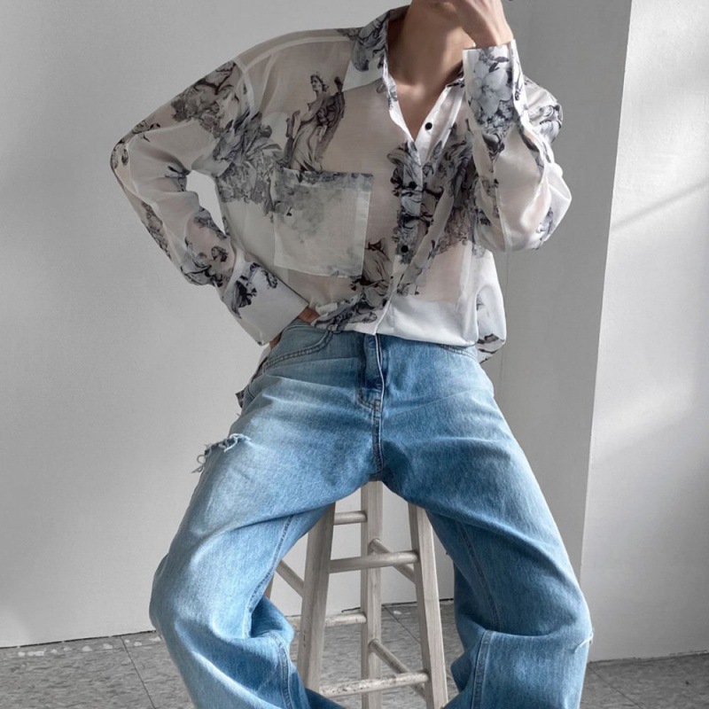 Thin Printed Shirt Men's Loose Ice Silk