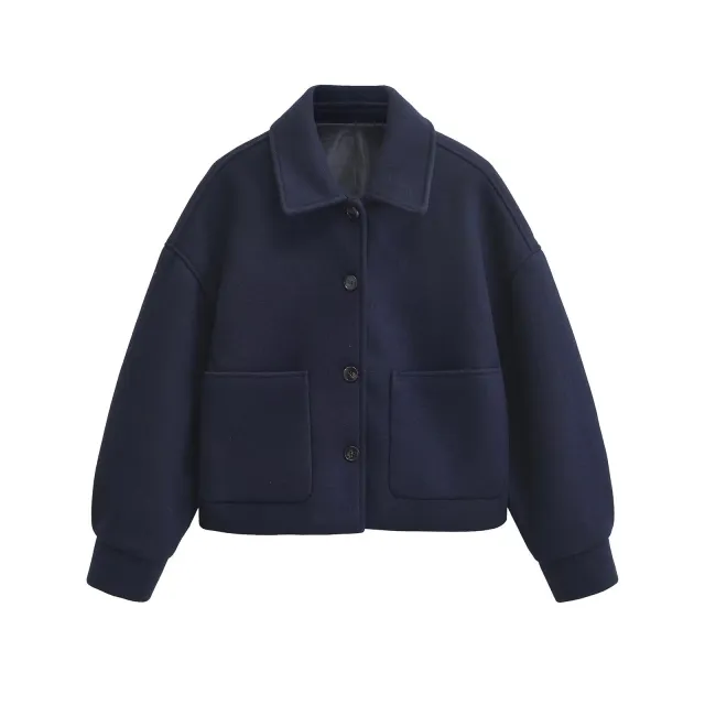 Women's Single breasted Design Sense Turn down Collar Coat Dark Blue - Shop at LoveMi