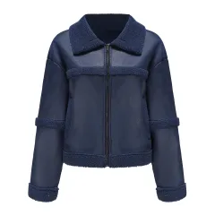 Suede Women's Fashionable Warm Fleece Leather Jacket - Dark Blue - View 1