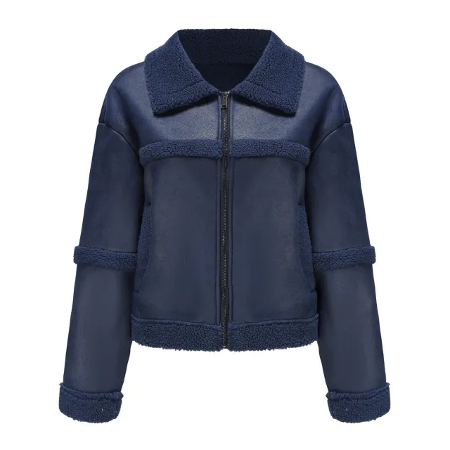 Suede Women's Fashionable Warm Fleece Leather Jacket Dark Blue - Shop at LoveMi