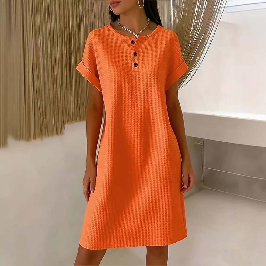 New Comfortable Casual Solid-Color Waffle-Knit Crew-Neck Dress