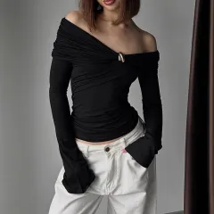 American-style Spicy Girl Design Off-shoulder Irregular Long-sleeve Tight Top - Black - View 1