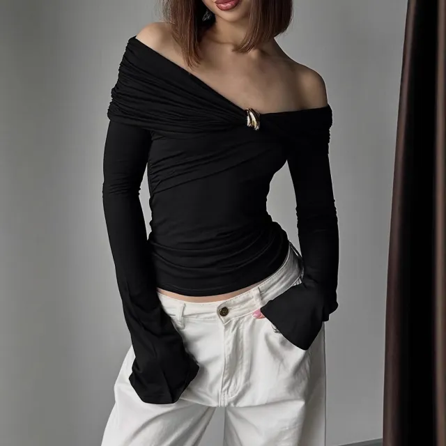 American style Spicy Girl Design Off shoulder Irregular Long sleeve Tight Top Black - Shop at LoveMi