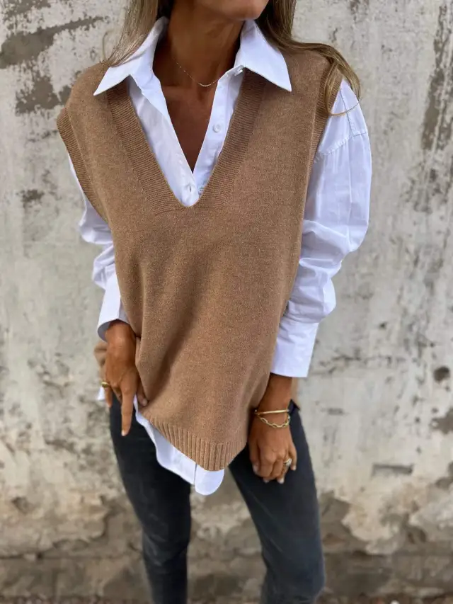 Women's V neck Knitted Sweater Vest Brown - Shop at LoveMi
