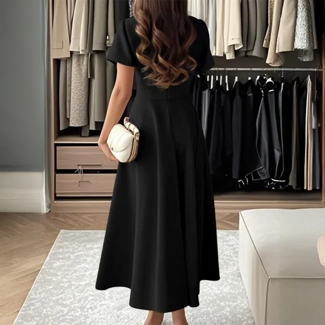Womens Solid Color Casual Elegant Short Sleeve Maxi Dress Black - Shop at LoveMi