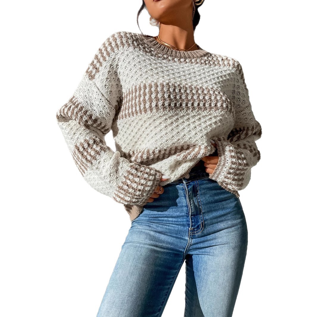 Contrast Color Drop Shoulder Round Neck Loose Casual Long Sleeves Sweater