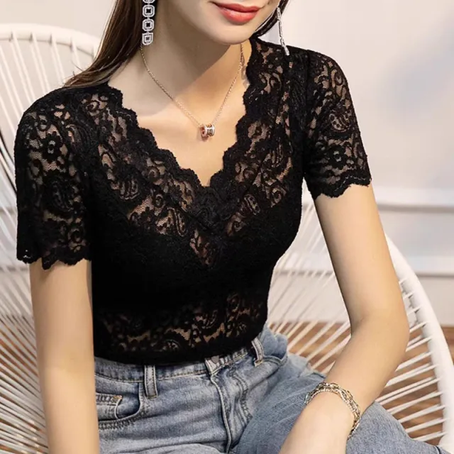 V neck Hollow Sexy Lace Bottoming Shirt Innerwear Short Sleeve Black - Shop at LoveMi