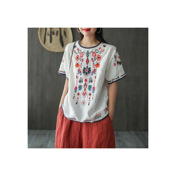 Cotton And Linen Embroidered T-shirt Artistic Loose Pullover Top - White