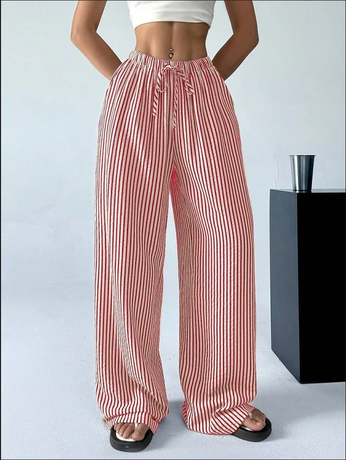 European And American Ladies Striped Loose Waist Adjustable Drawstring Maternity Casual Pants - Red