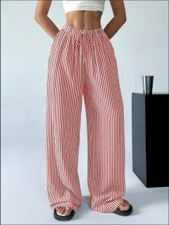European And American Ladies Striped Loose Waist Adjustable Drawstring Maternity Casual Pants - Red - View 1