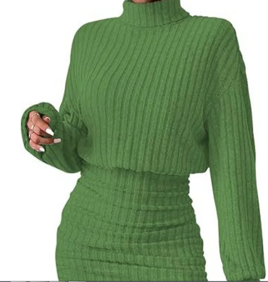 Hug-hem Long-sleeve Turtleneck Skirt Rib-knit Dress - Green