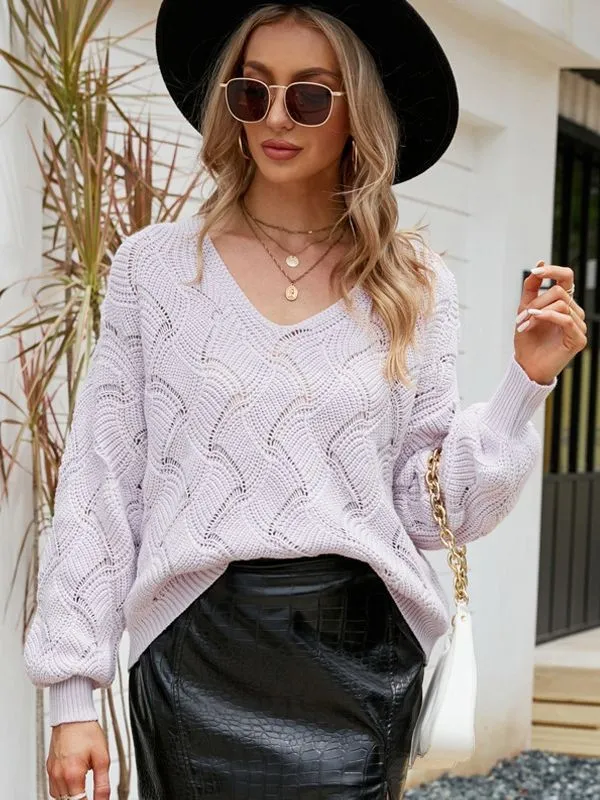 Women's Long sleeved Solid Color Pullover Loose Sweater Purple - Shop at LoveMi