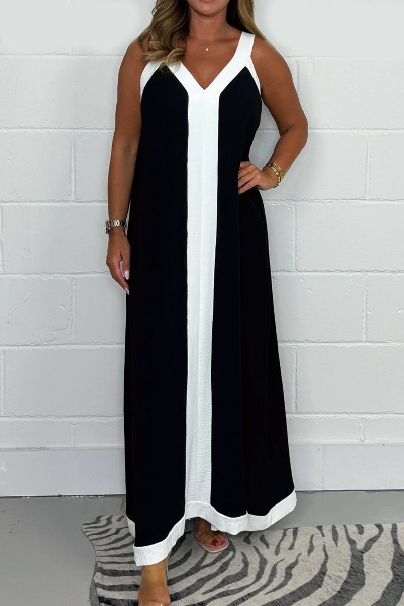 Casual Loose Contrast Color V neck Sleeveless Long Dress Black - Shop at LoveMi