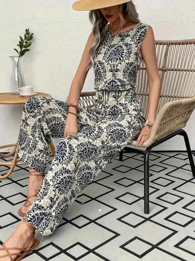 Womens Printed Sleeveless Top And Wide Leg Pants Set Flower Color 2 L - Shop at LoveMi